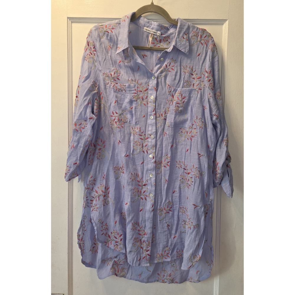 Figueroa & Flower Blue Floral Embroidered Woven Button-Up High Low Hem Blouse XL